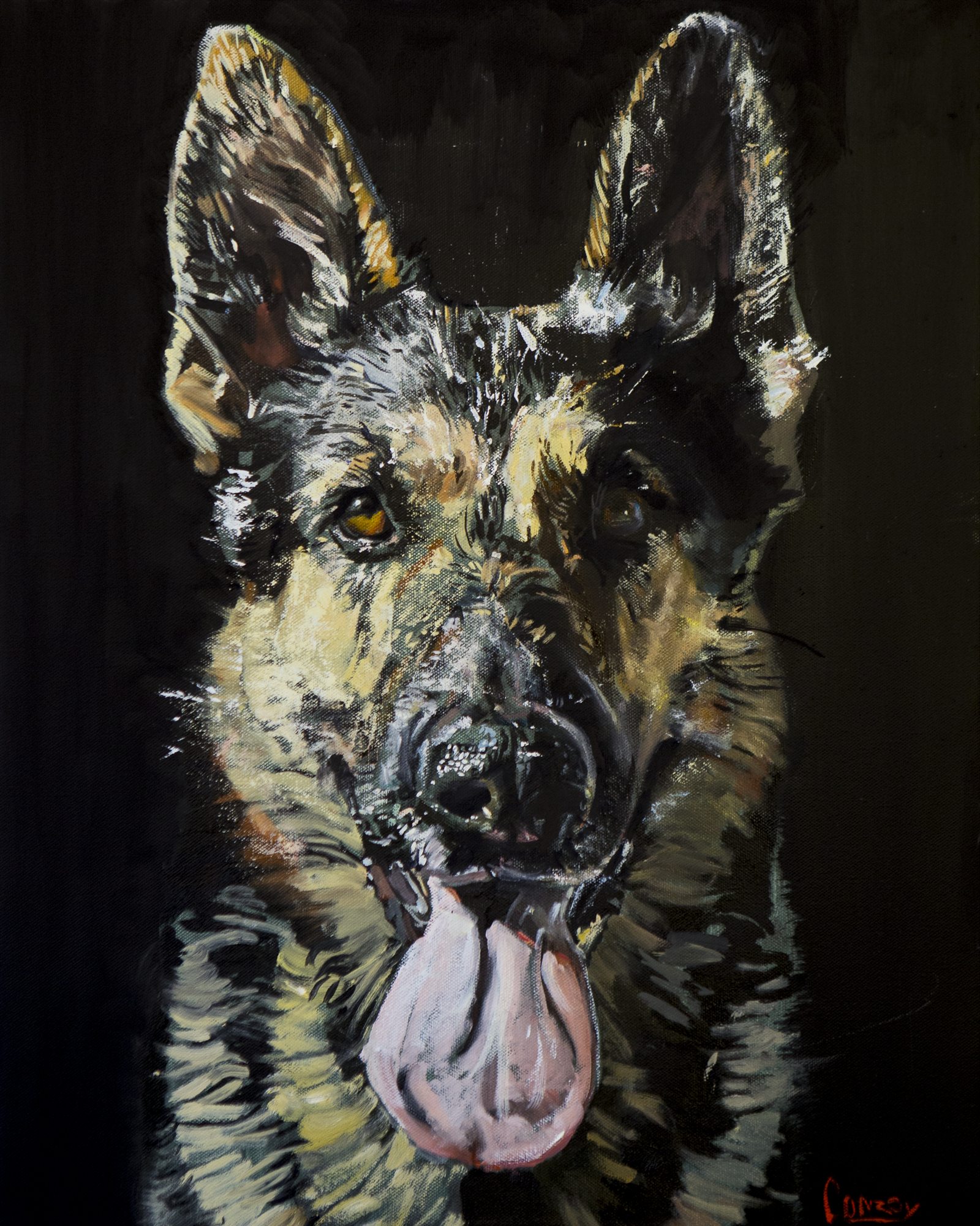 Painting of a German shepherd dog against a dark ground with expressive light-colored marks.