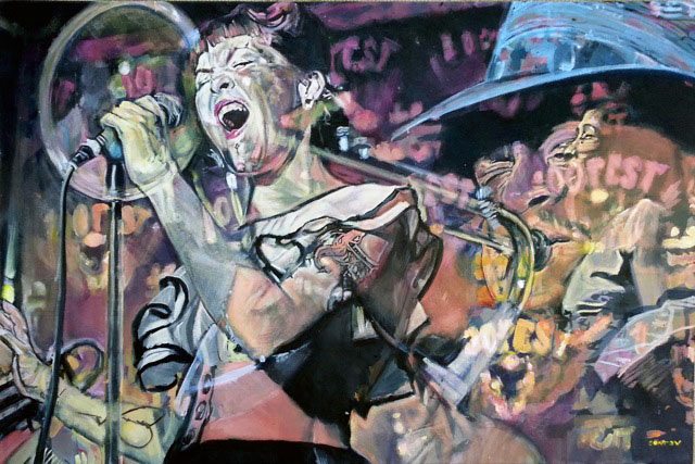 Painting of a singer performing with layered musicians and dark atmospheric stage colors.